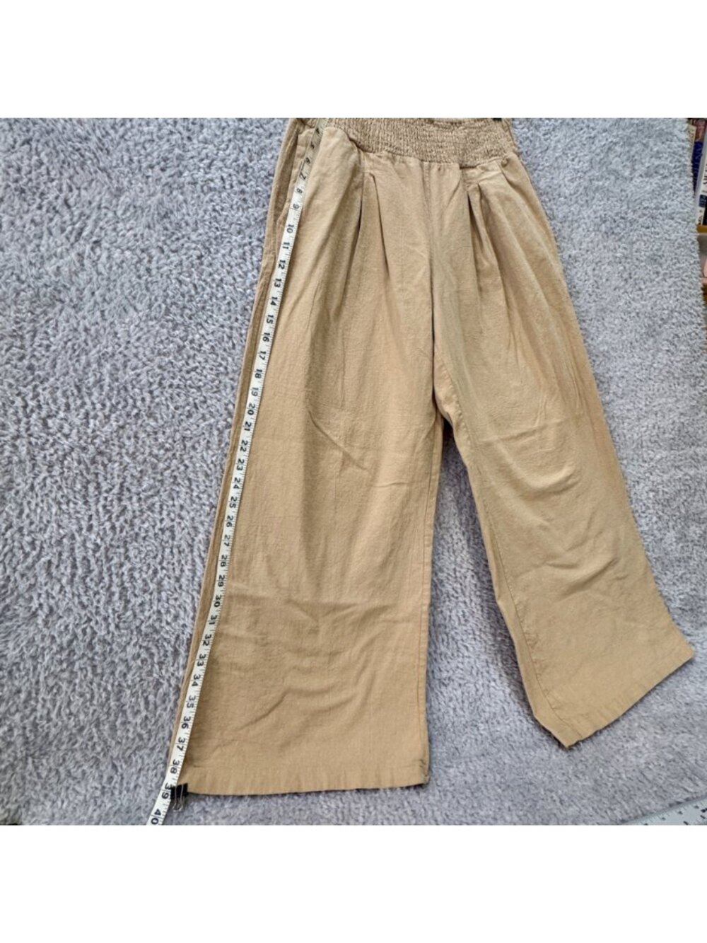 Wide-Leg Women's Linen Cropped Pants Smocked Waist Tan Relaxed Fit Boho Breezy - Picture 11 of 11